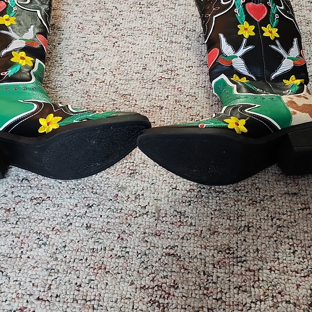 Embroidered Faux Leather Pull On Knee High Cowboy Style Boots. - Picture 8 of 11
